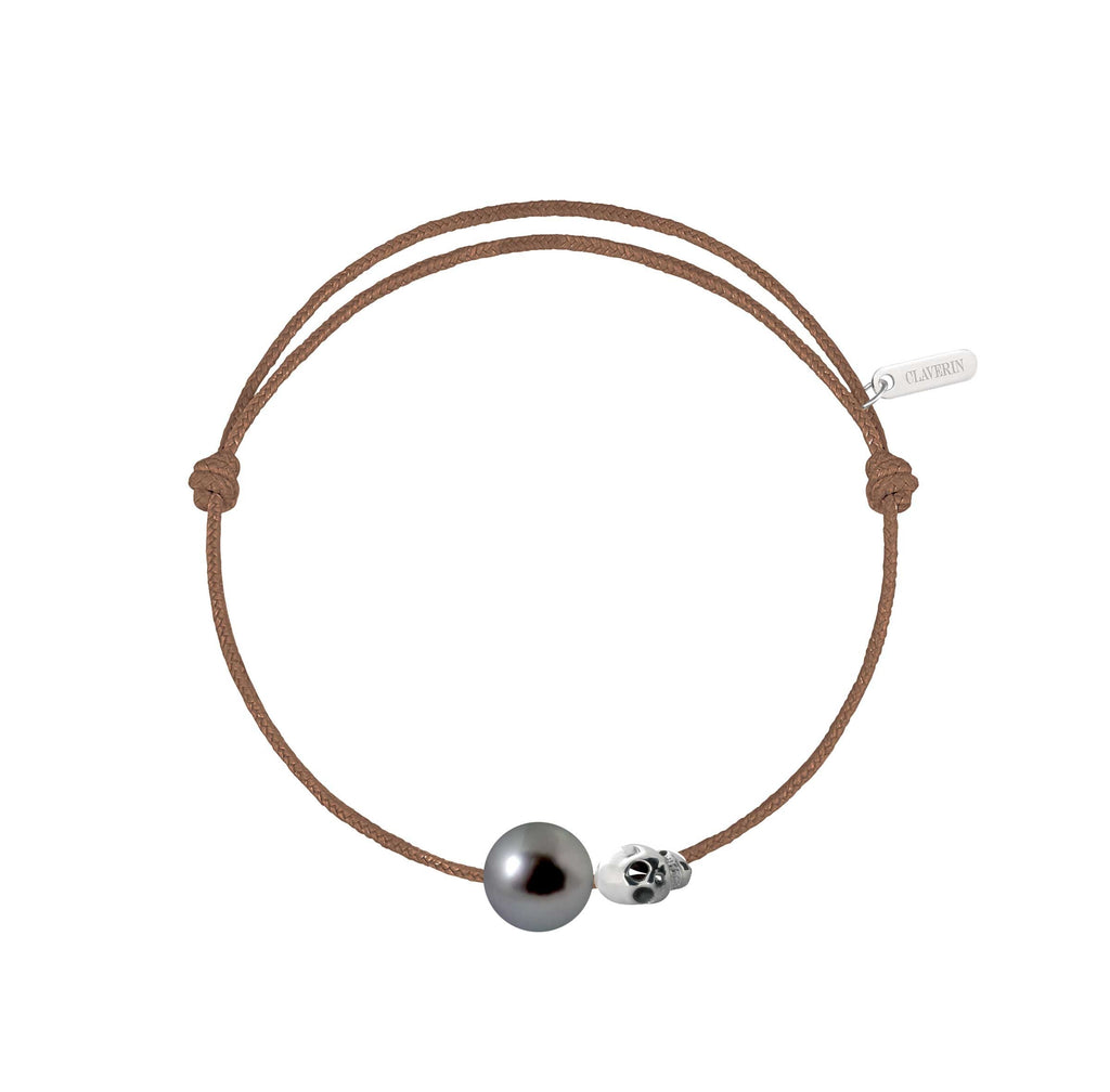 Pearly gold skull perle noire cordon taupe