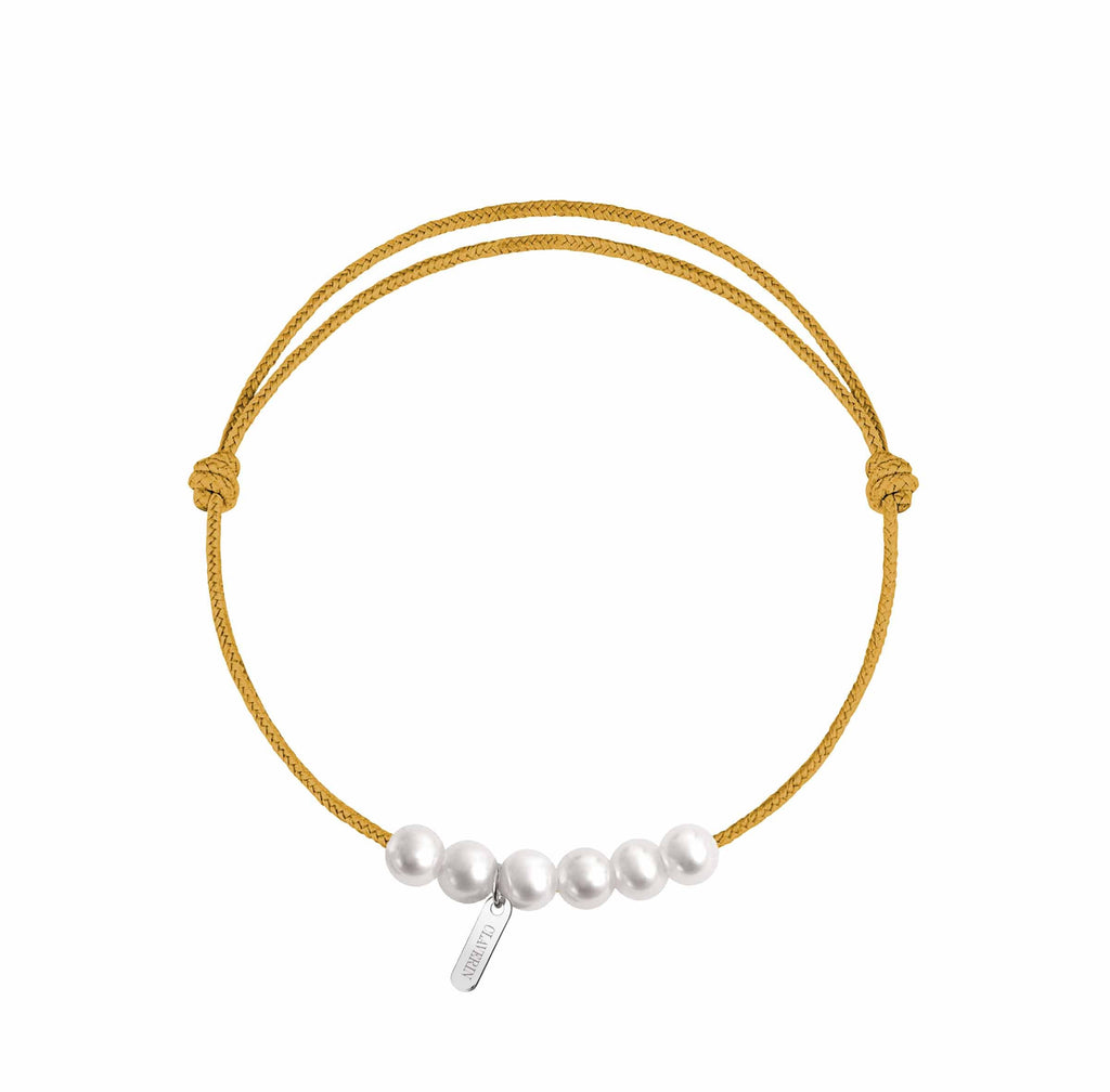 6 little XL perles blanches cordon moutarde