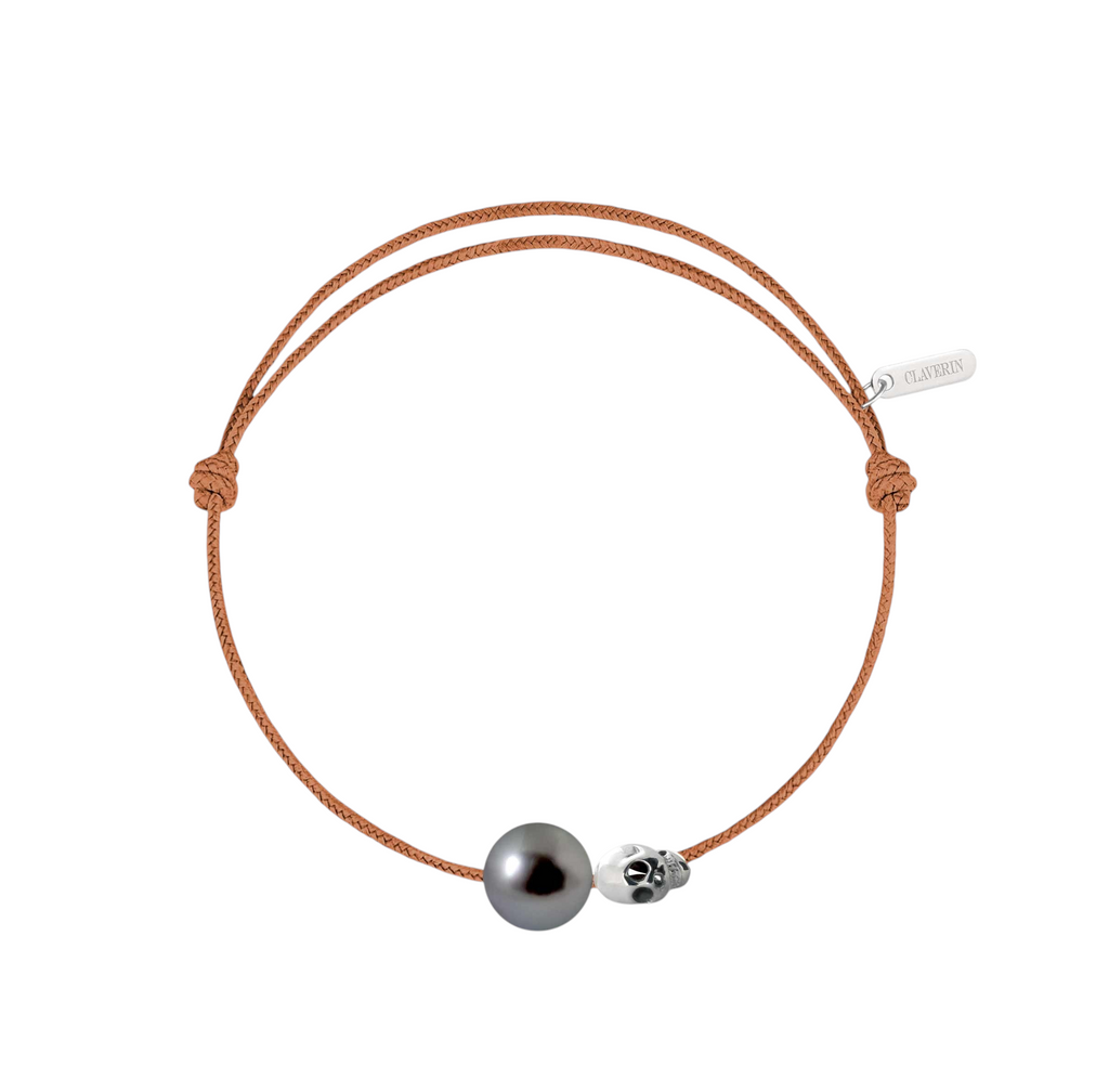 Pearly gold skull perle noire cordon camel