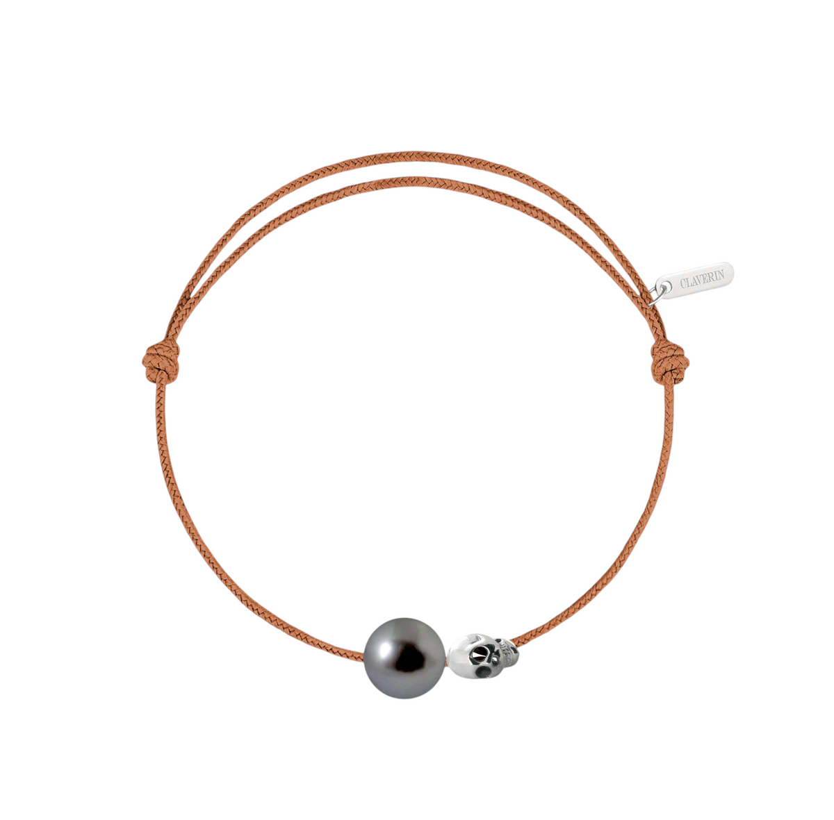 Pearly gold skull perle noire cordon camel