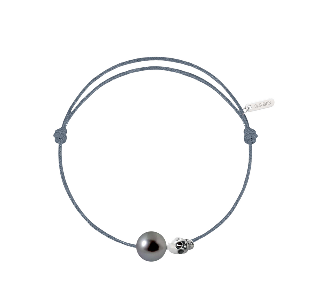 Pearly gold skull perle noire cordon gris cendré