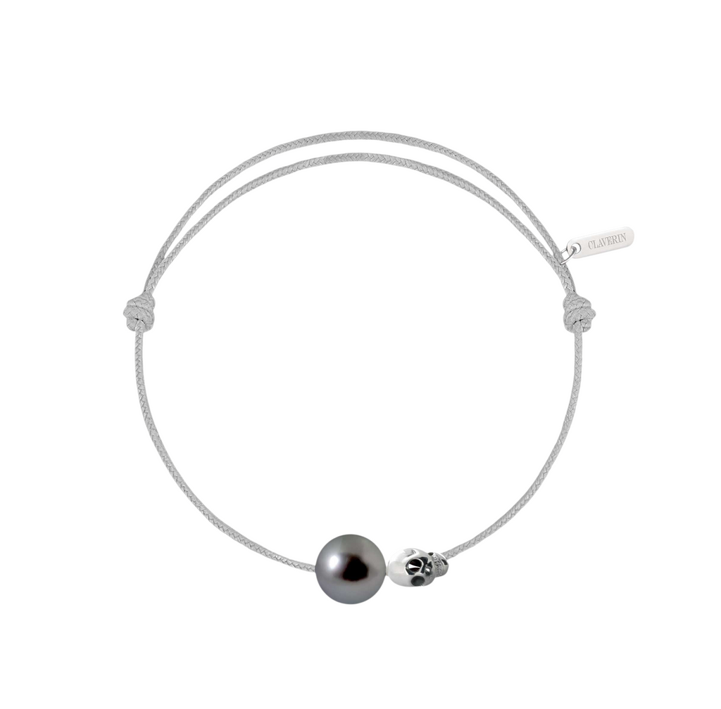 Pearly gold skull perle noire cordon gris perle