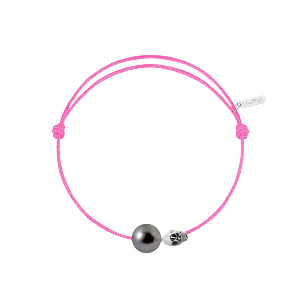 Pearly gold skull perle noire cordon rose fuchsia