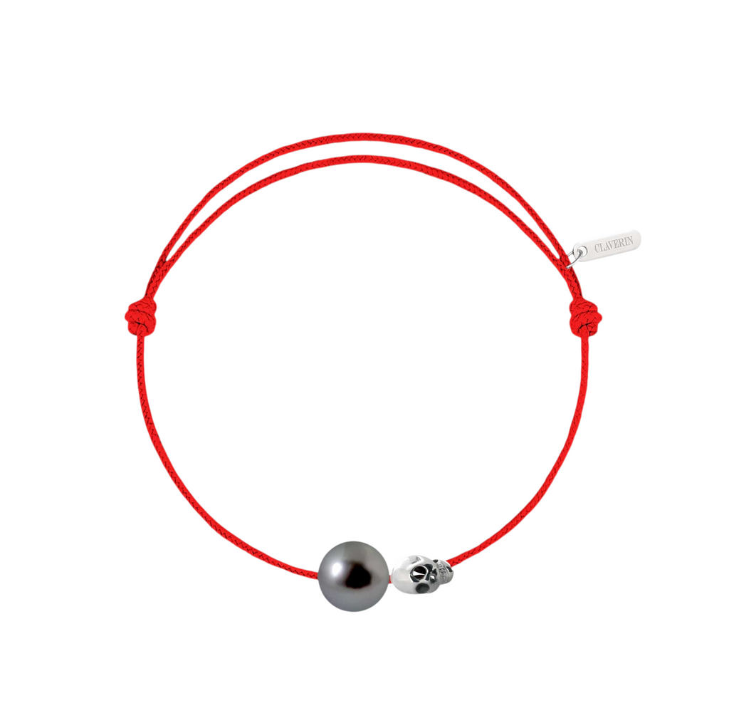Pearly gold skull perle noire cordon rouge corail