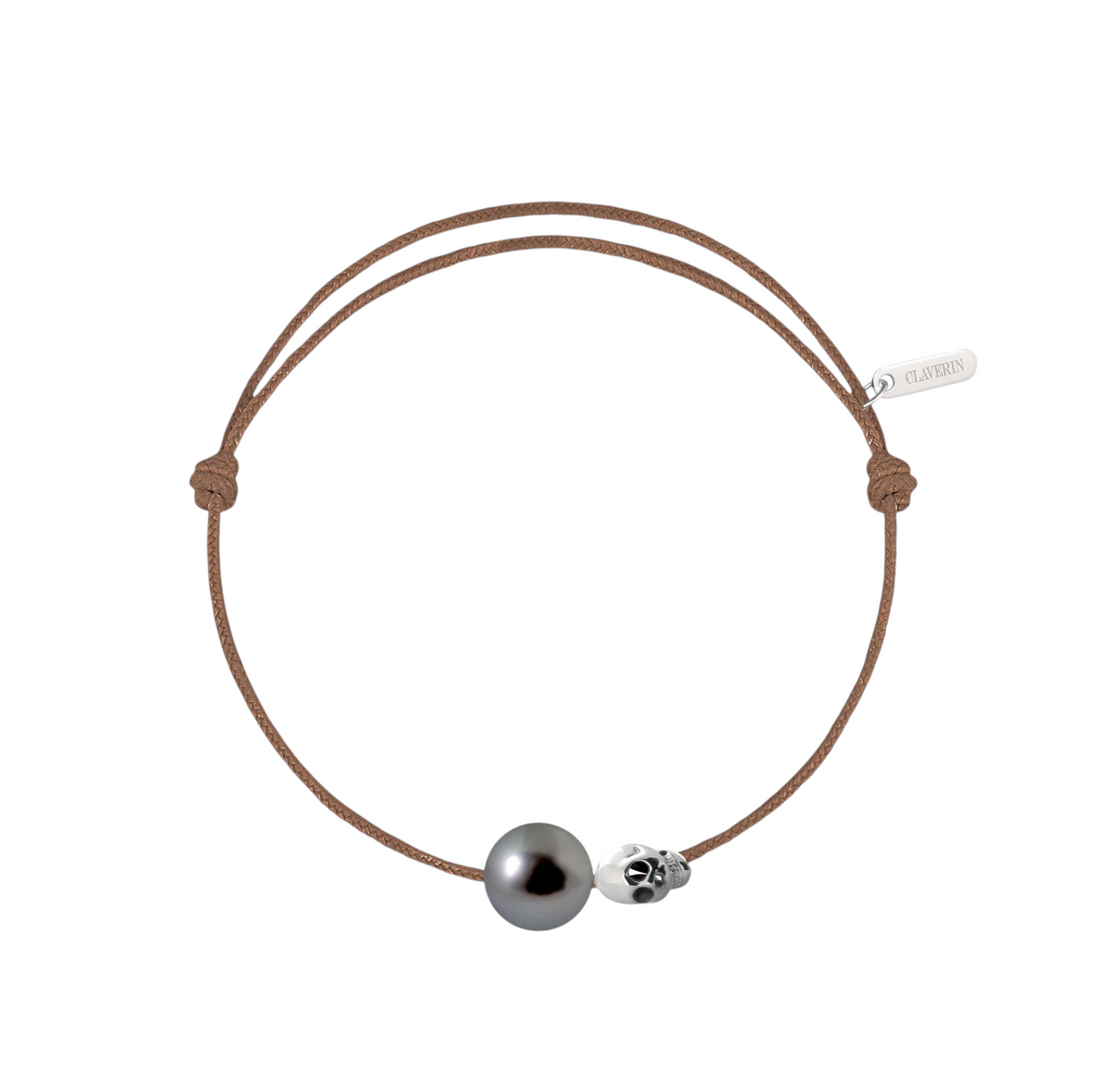 Pearly gold skull perle noire cordon taupe