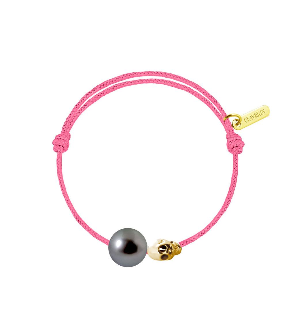 Baby gold skull perle noire cordon rose fuschia