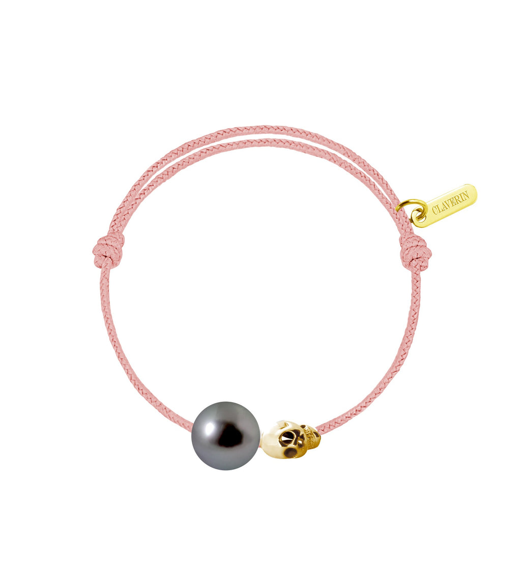 Baby gold skull perle noire cordon rose poudré