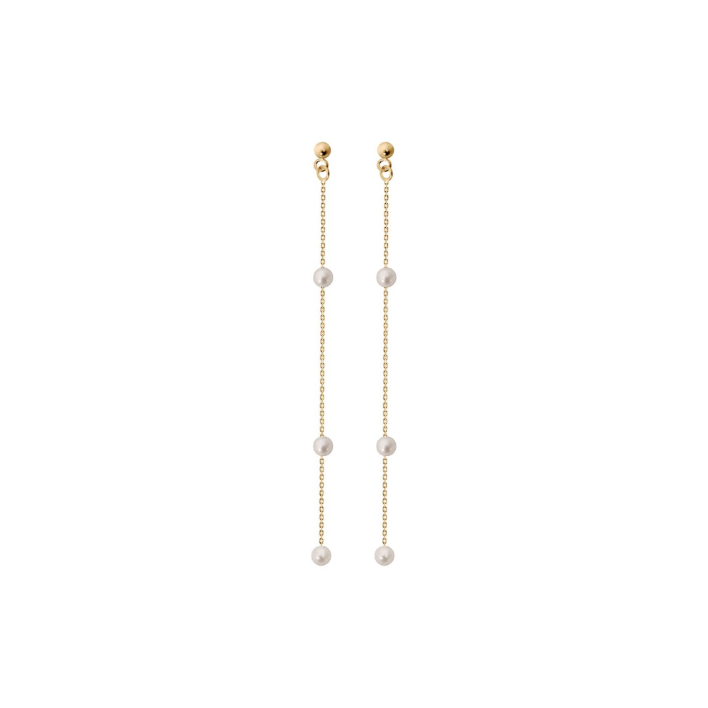 Boucles d'oreilles Claverin en or jaune 18 carats avec chaînes forçat et perles de culture blanches asymétriques