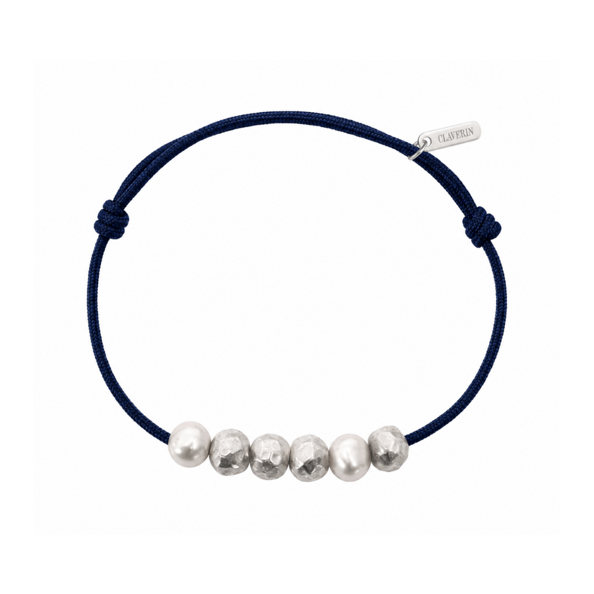 Bracelet Claverin Météorites Homme avec perles de culture blanches et boules en argent 925 martelé sur cordon bleu