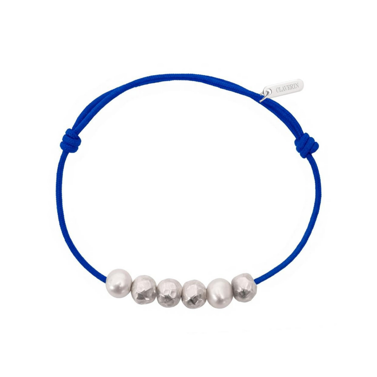 Bracelet Claverin Météorites Homme avec perles de culture blanches et boules en argent 925 martelé sur cordon bleu