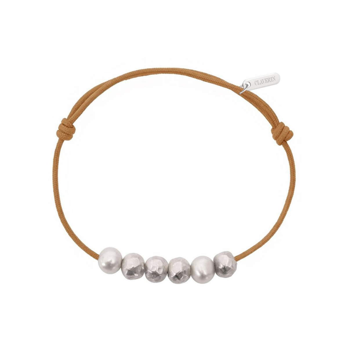 Bracelet Claverin Météorites Homme avec perles de culture blanches et boules en argent 925 martelé sur cordon beige