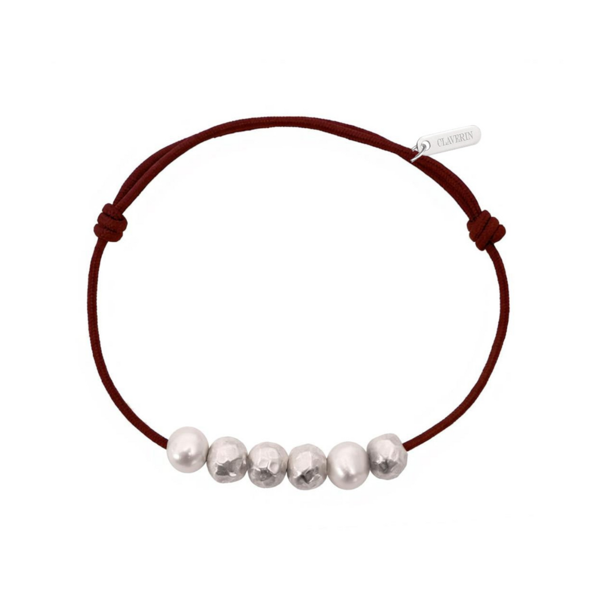 Bracelet Claverin Météorites pour homme avec perles de culture blanches et boules en argent 925 martelé sur cordon