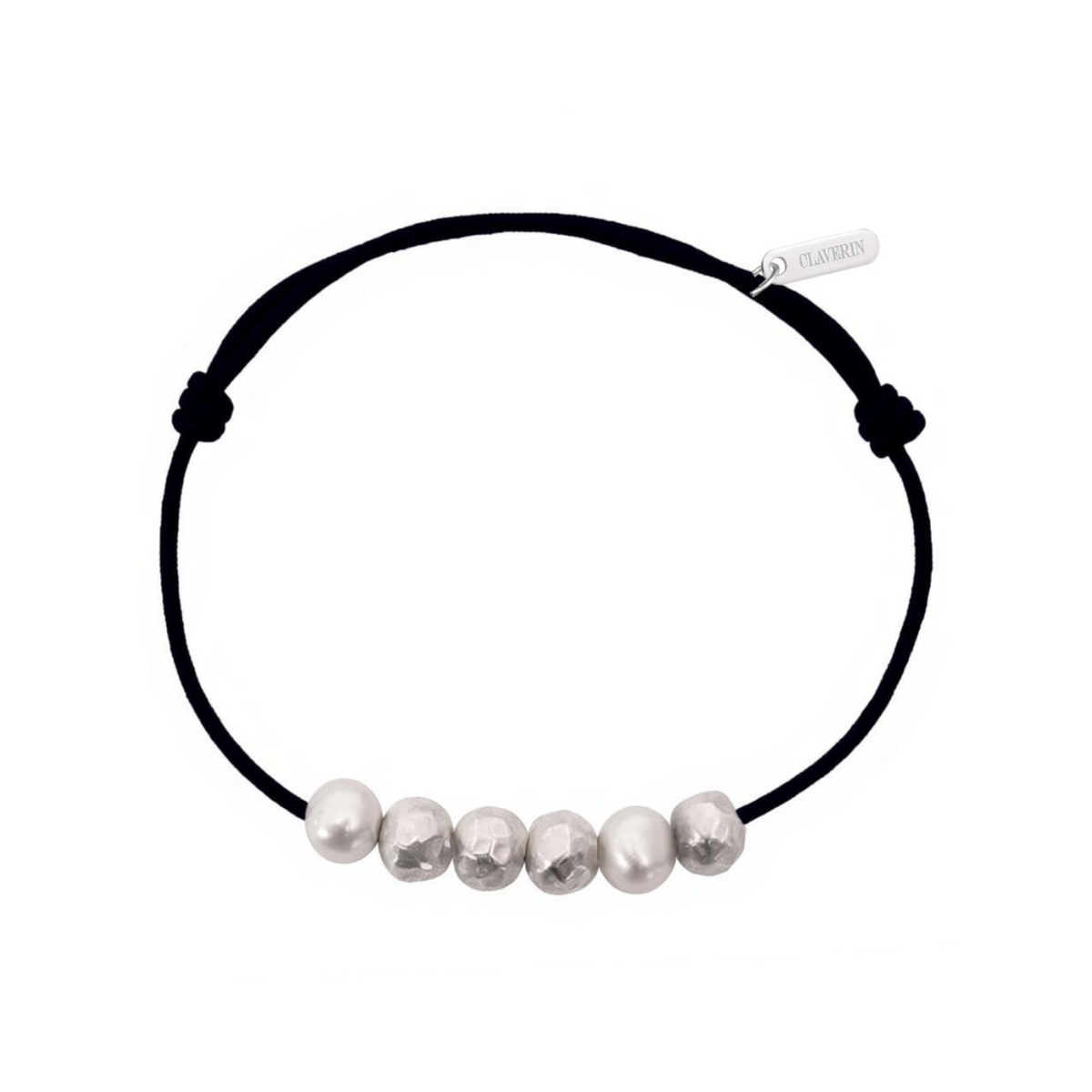 Bracelet Claverin Météorites pour homme avec perles de culture blanches et boules en argent 925 martelé sur cordon noir