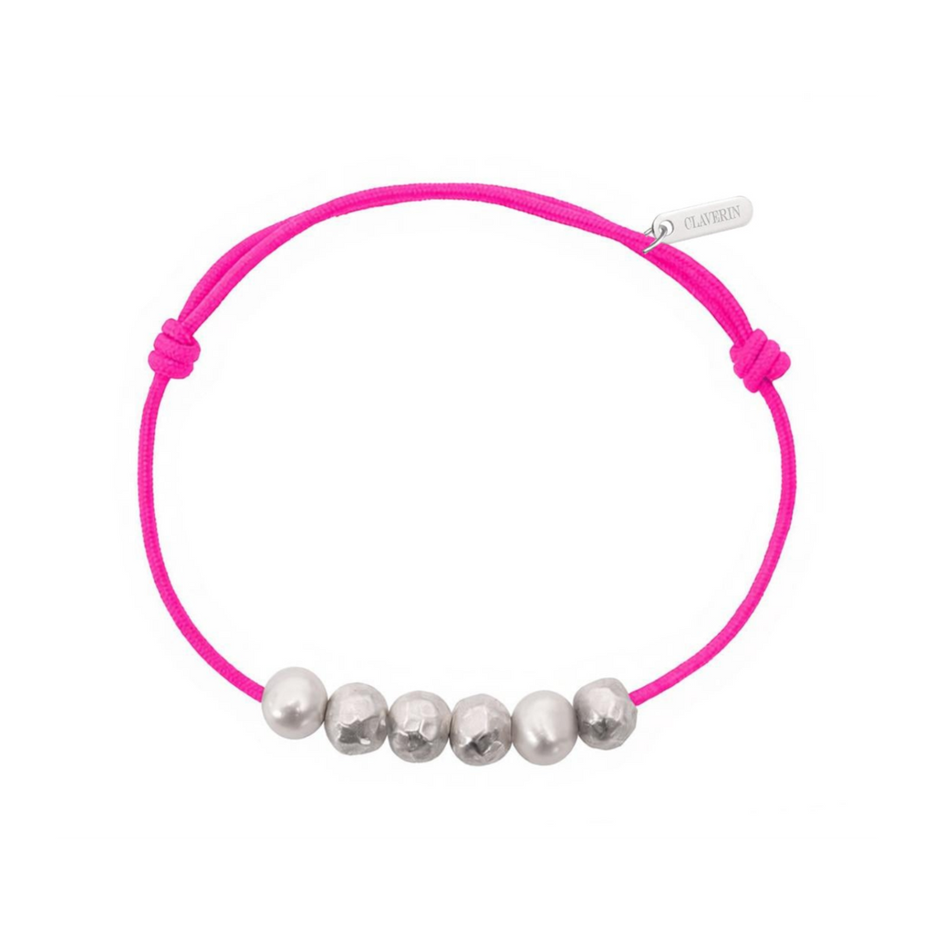 Bracelet Claverin Météorites Homme avec perles de culture blanches et boules en argent 925 martelé sur cordon rose