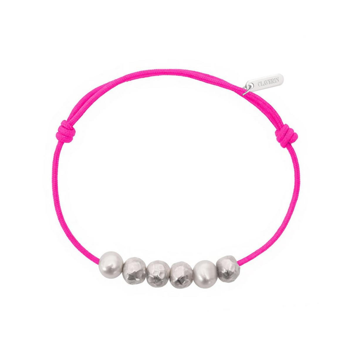 Bracelet Claverin Météorites Homme avec perles de culture blanches et boules en argent 925 martelé sur cordon rose