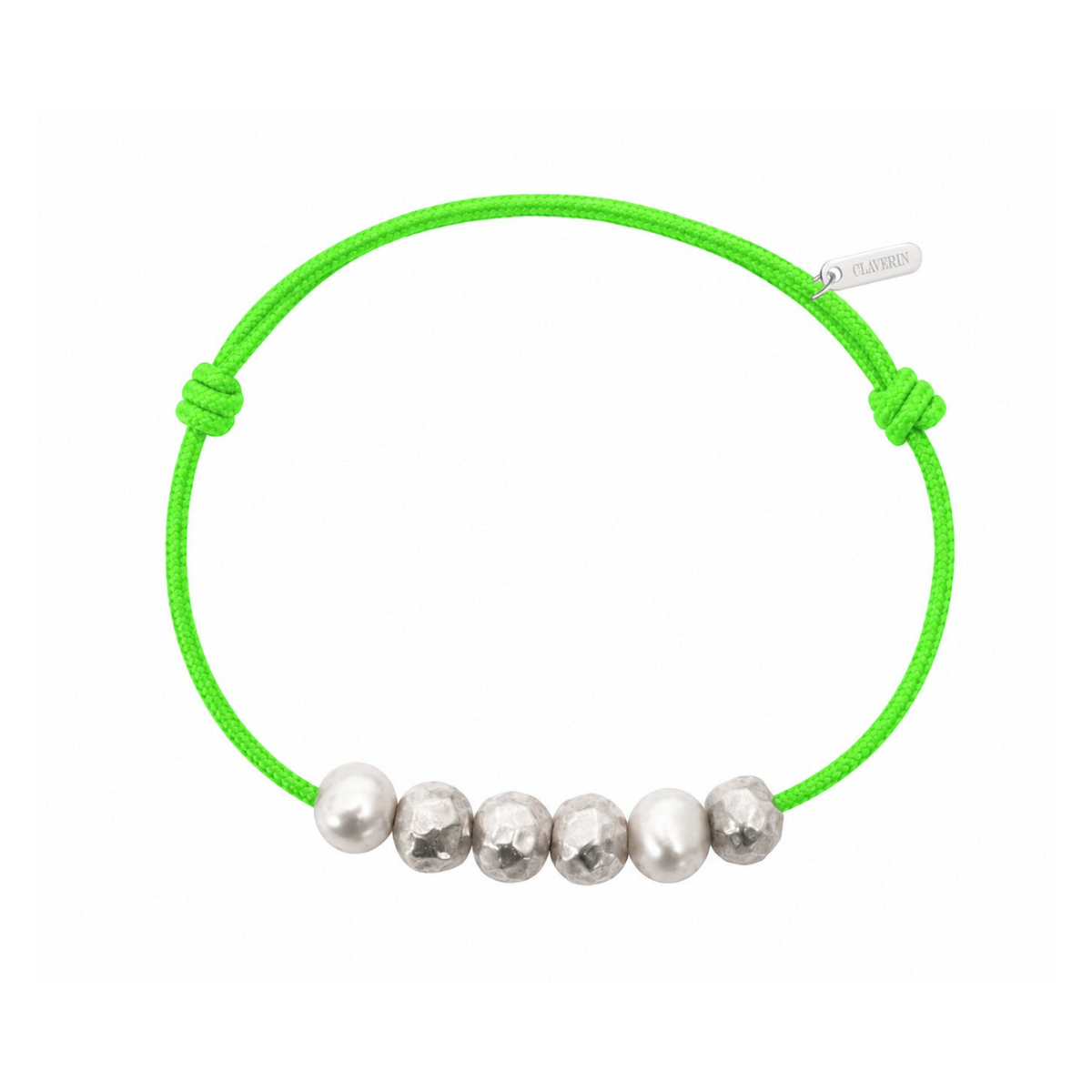 Bracelet Claverin Météorites pour homme avec perles de culture blanches et boules en argent 925 sur cordon vert fluo
