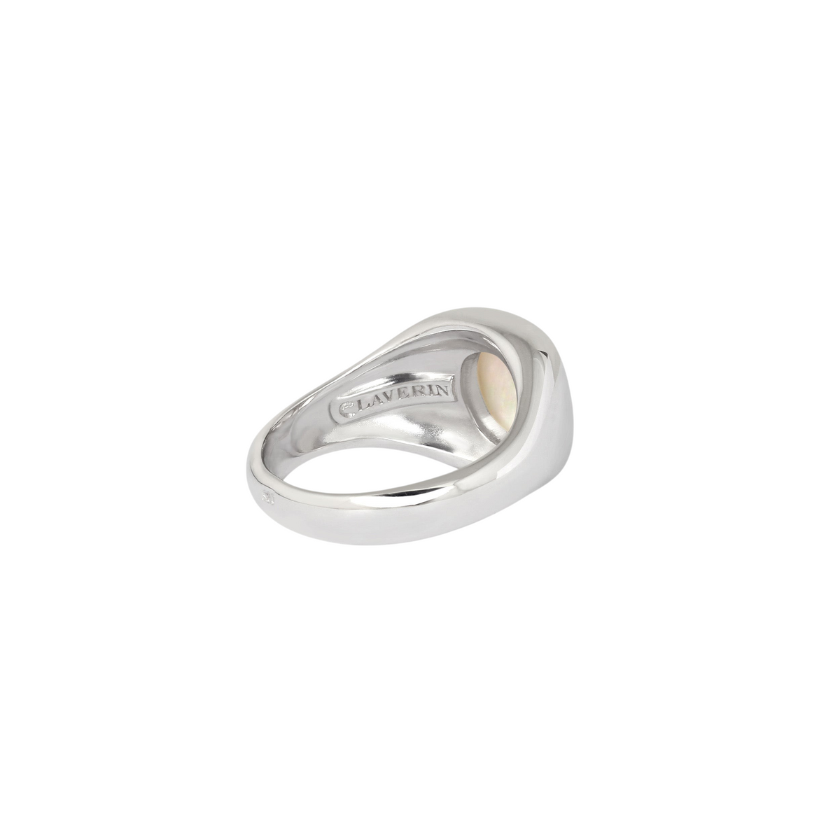 Bague chevalière Claverin en argent 925 rhodié avec plateau en nacre blanche naturelle, style art déco