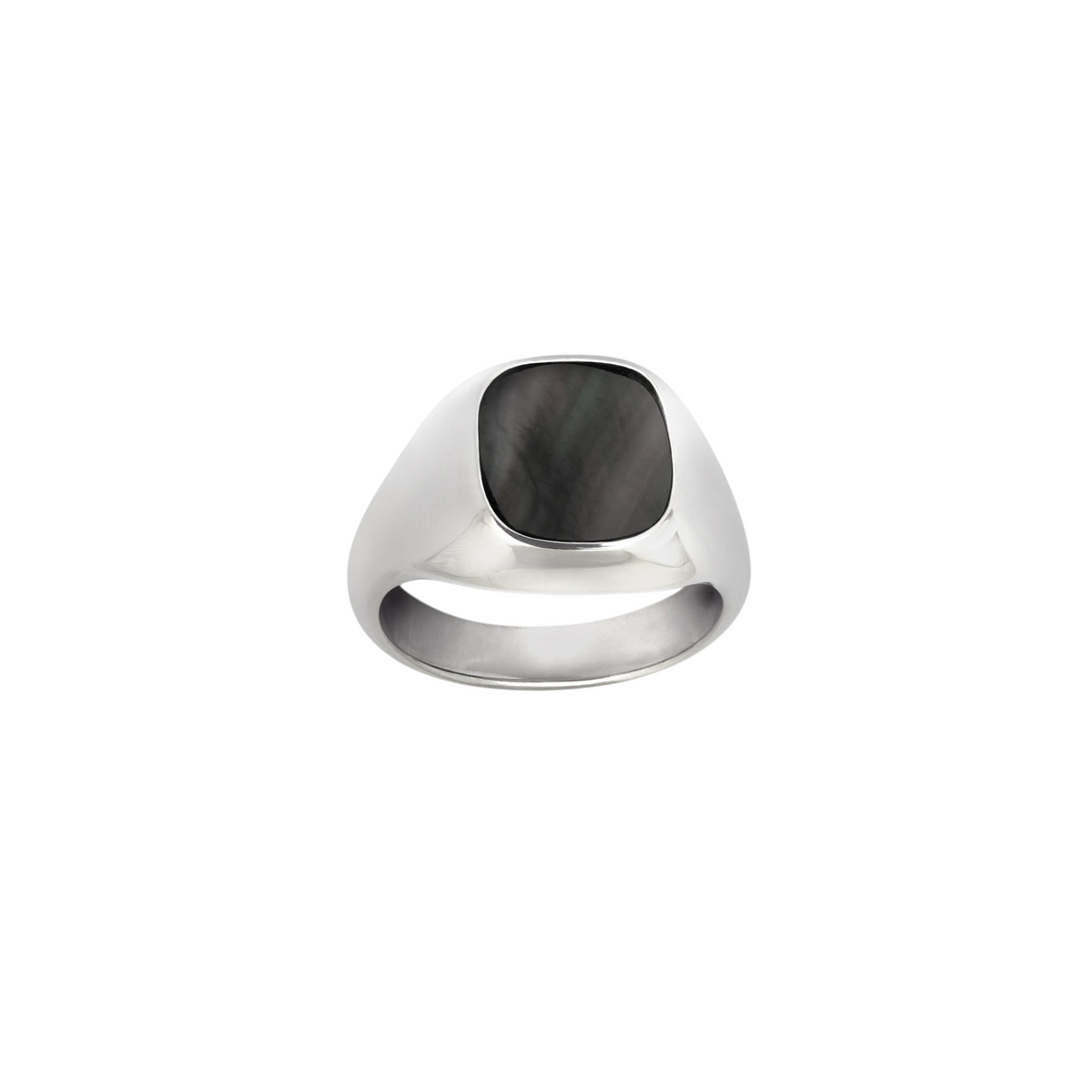 Bague chevalière Claverin en argent 925 rhodié avec plateau en nacre noire naturelle, style art déco