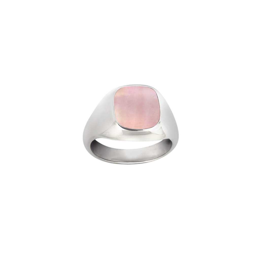 Bague chevalière Claverin en argent 925 rhodié avec plateau en nacre rose naturelle, style Art Déco