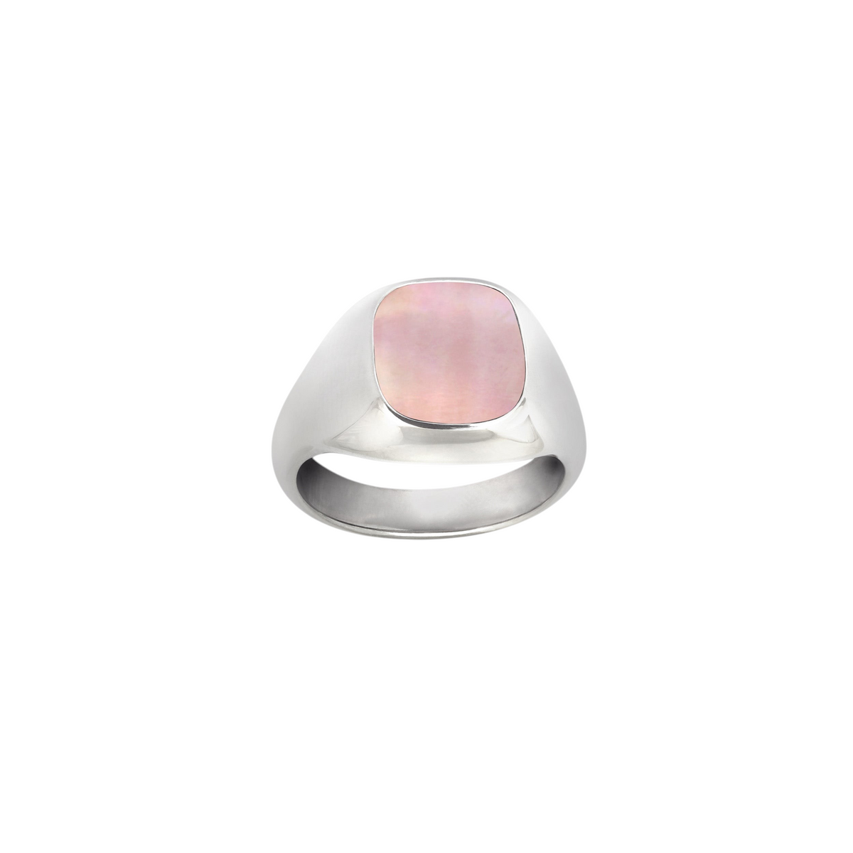Bague chevalière Claverin en argent 925 rhodié avec plateau en nacre rose naturelle, style Art Déco