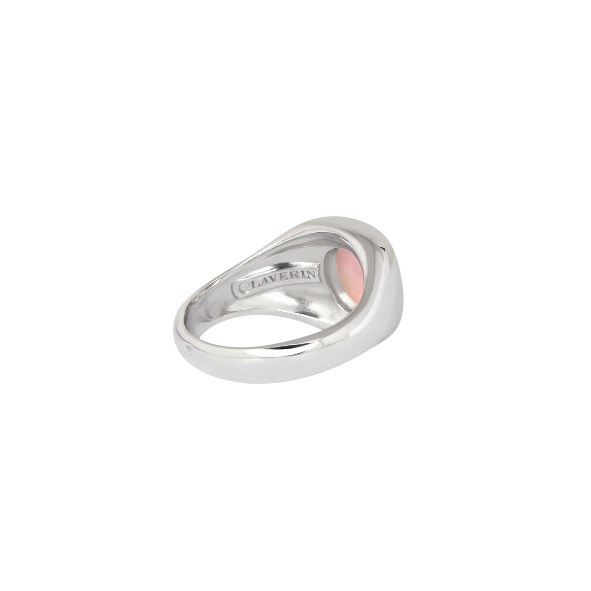 Bague chevalière Claverin en argent 925 rhodié avec plateau en nacre rose naturelle, style art déco