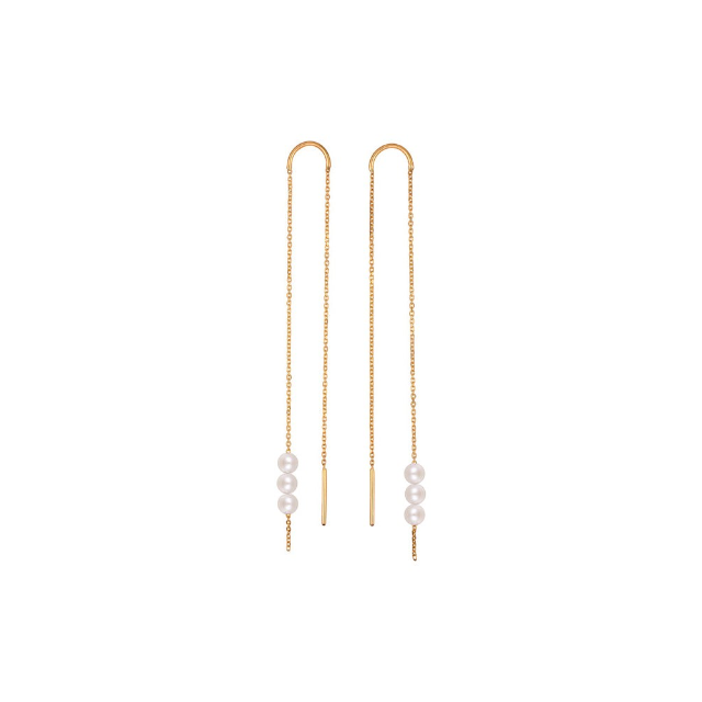 Boucles d'oreilles pendantes Claverin en or jaune 18 carats avec fine chaîne forçat et trois perles de culture blanches