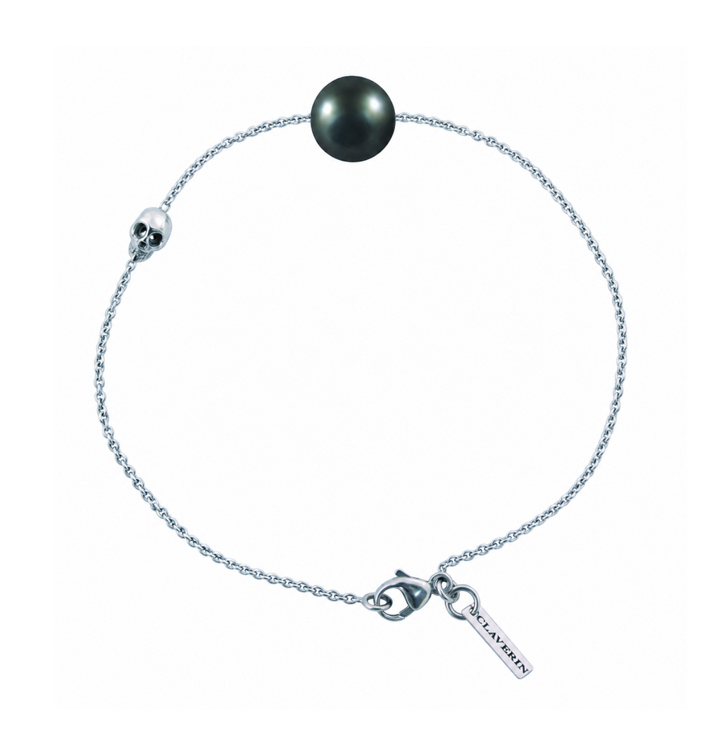 Bracelet Claverin pour homme avec perle noire de Tahiti, motif tête de mort et chaîne en or blanc 18 carats