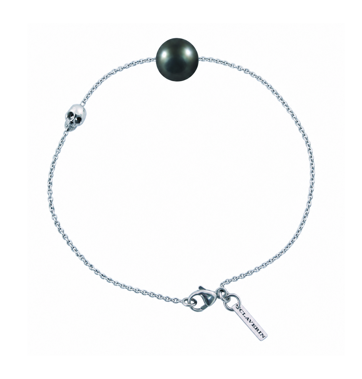 Bracelet Claverin pour homme avec perle noire de Tahiti, motif tête de mort et chaîne en or blanc 18 carats