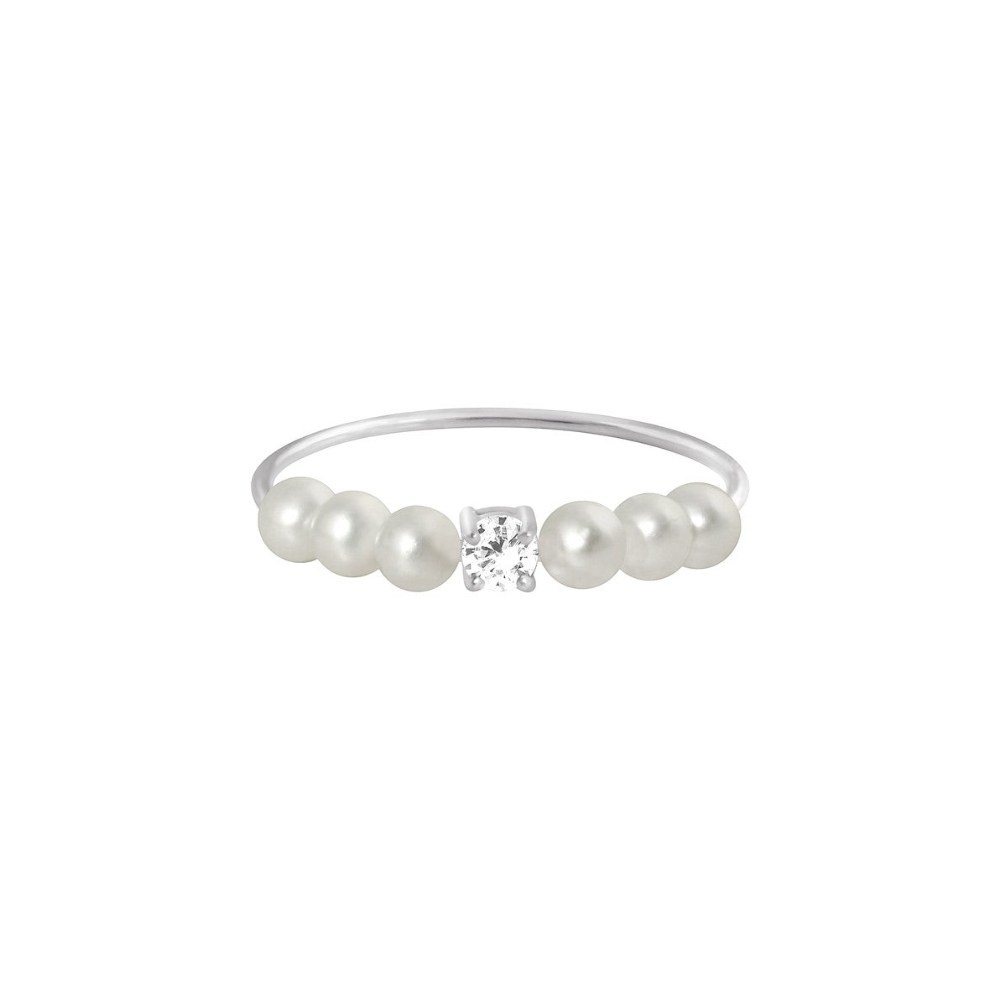 Bague Claverin Fresh princess en or blanc 18 carats avec un diamant central et six perles de culture blanches