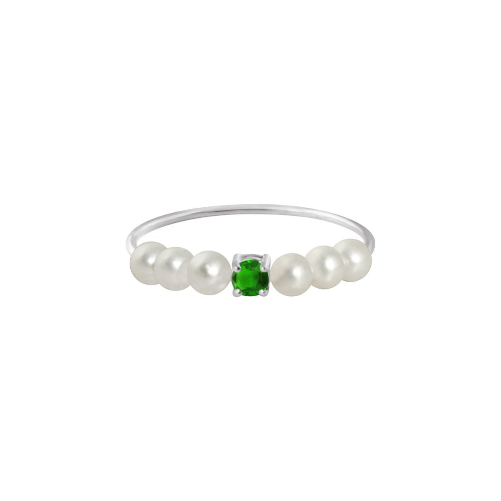 Bague Claverin Fresh princess en or blanc 18 carats avec une émeraude centrale et six perles de culture blanches
