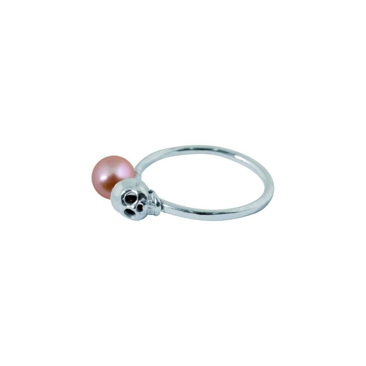 Bague Claverin collection Kiss en or blanc 18 carats avec une perle rose et un motif tête de mort
