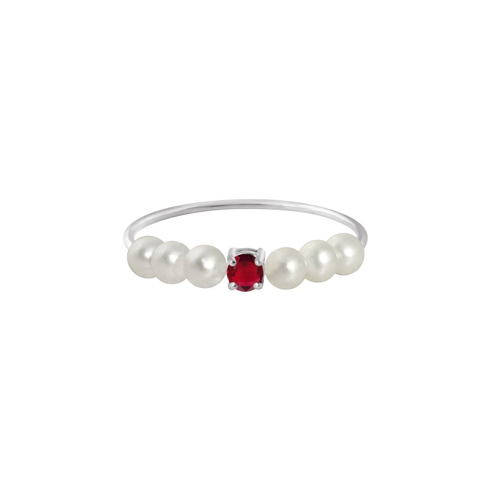 Bague Claverin Fresh princess en or blanc 18 carats avec un rubis central et six perles de culture blanches