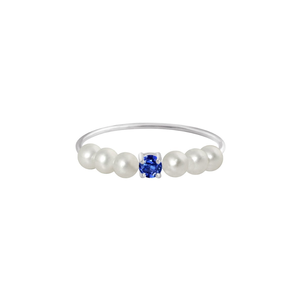 Bague Claverin Fresh princess en or blanc 18 carats avec un saphir central et six perles de culture blanches