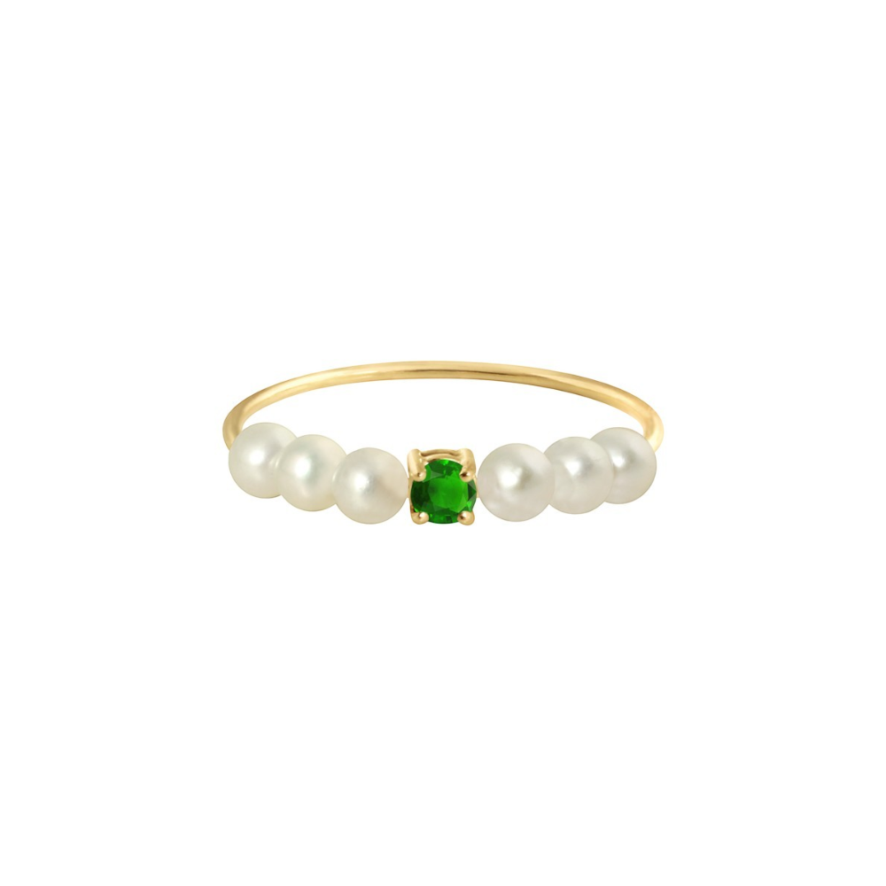Bague Claverin Fresh princess en or jaune 18 carats avec une émeraude centrale et six perles de culture blanches