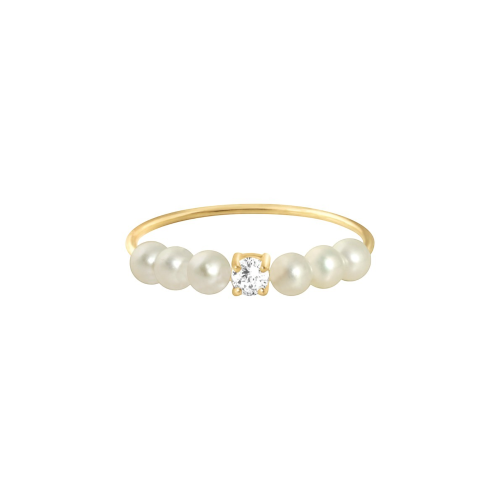 Bague Claverin Fresh princess en or jaune 18 carats avec un diamant central et six perles de culture blanches