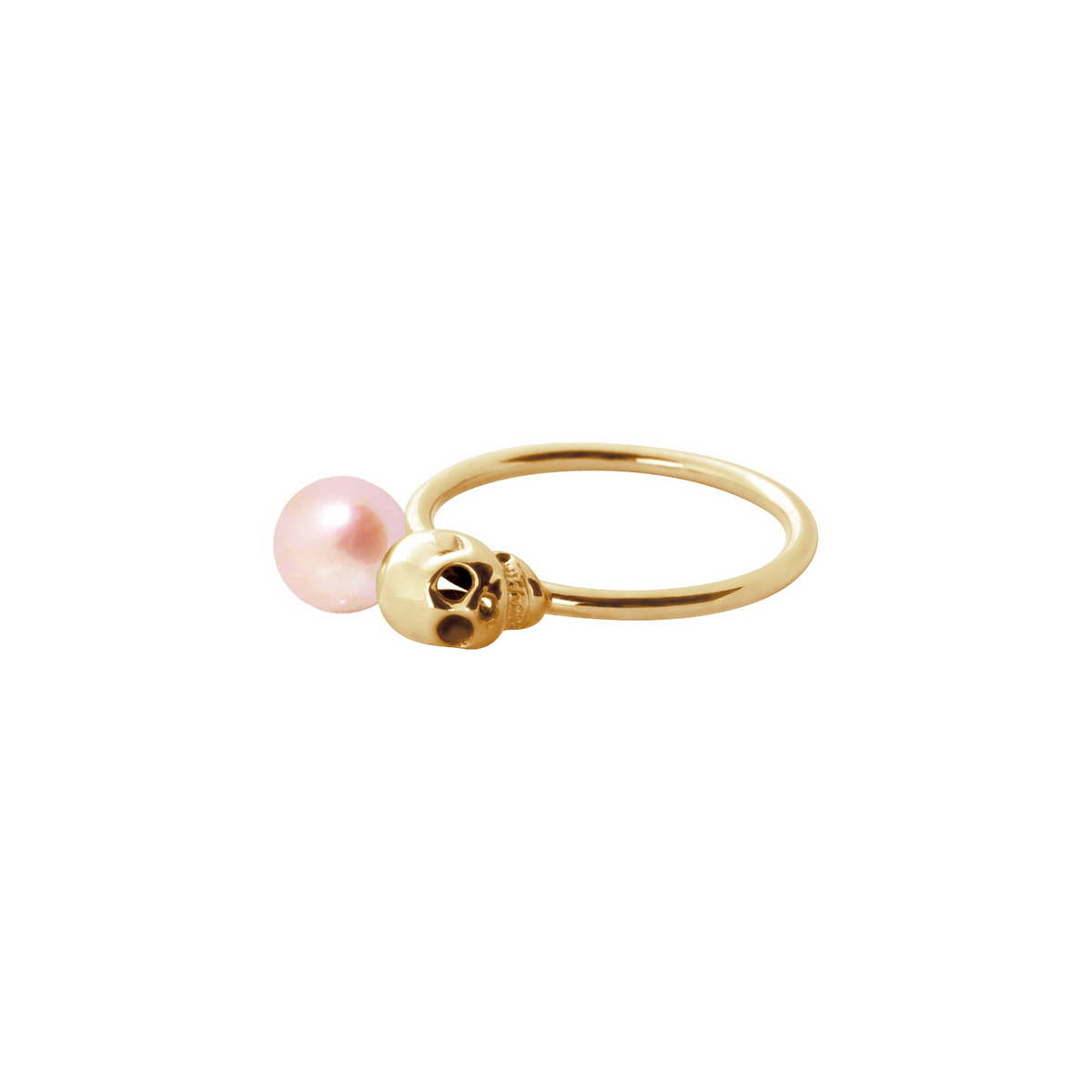 Bague Claverin en or jaune 18 carats avec une perle rose et un motif tête de mort de la collection Kiss