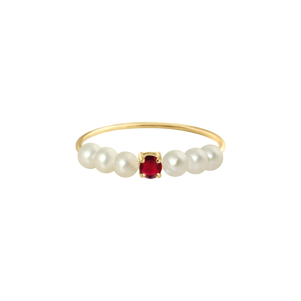 Bague Claverin Fresh Princess en or jaune 18 carats avec un rubis central et six perles de culture blanches