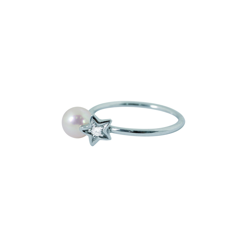 Bague Claverin Diamond star en or blanc 18 carats avec perle blanche et motif étoile serti d'un diamant