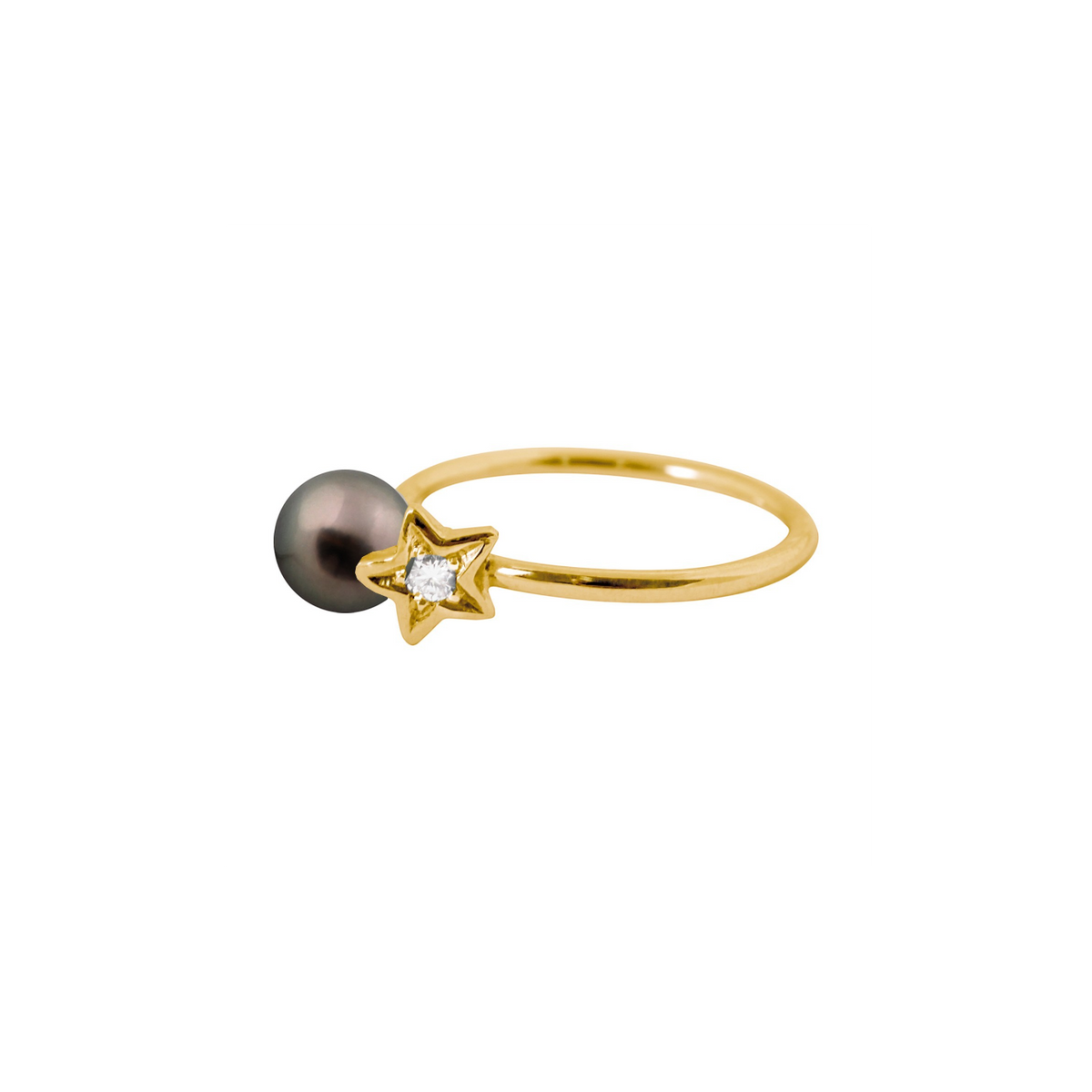 Bague Claverin en or jaune 18 carats avec perle noire de Tahiti et motif étoile serti d'un diamant