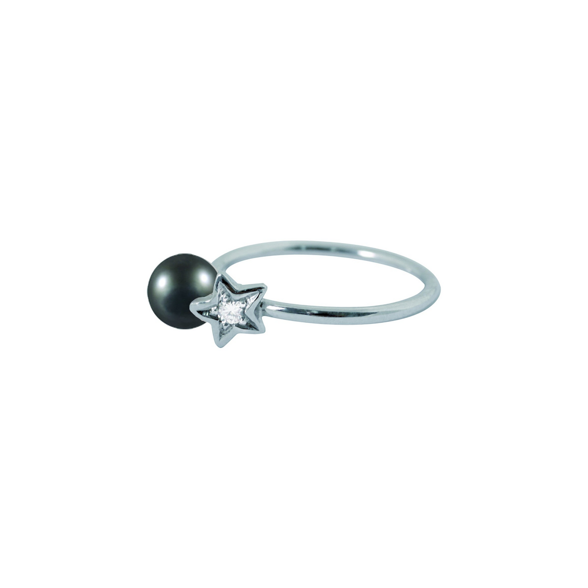 Bague Claverin en or blanc 18 carats avec perle noire de Tahiti et motif étoile serti d'un diamant