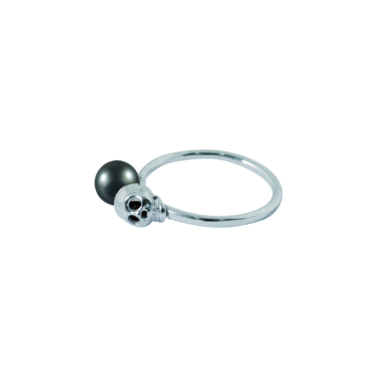 Bague Claverin en or blanc 18 carats avec perle noire de Tahiti et motif tête de mort de la collection Kiss