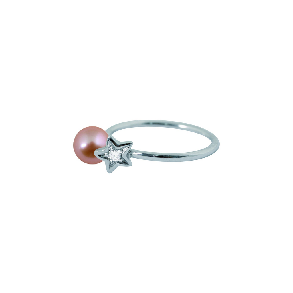 Bague Claverin en or blanc 18 carats avec une perle rose et un motif étoile serti d'un diamant de la collection Kiss