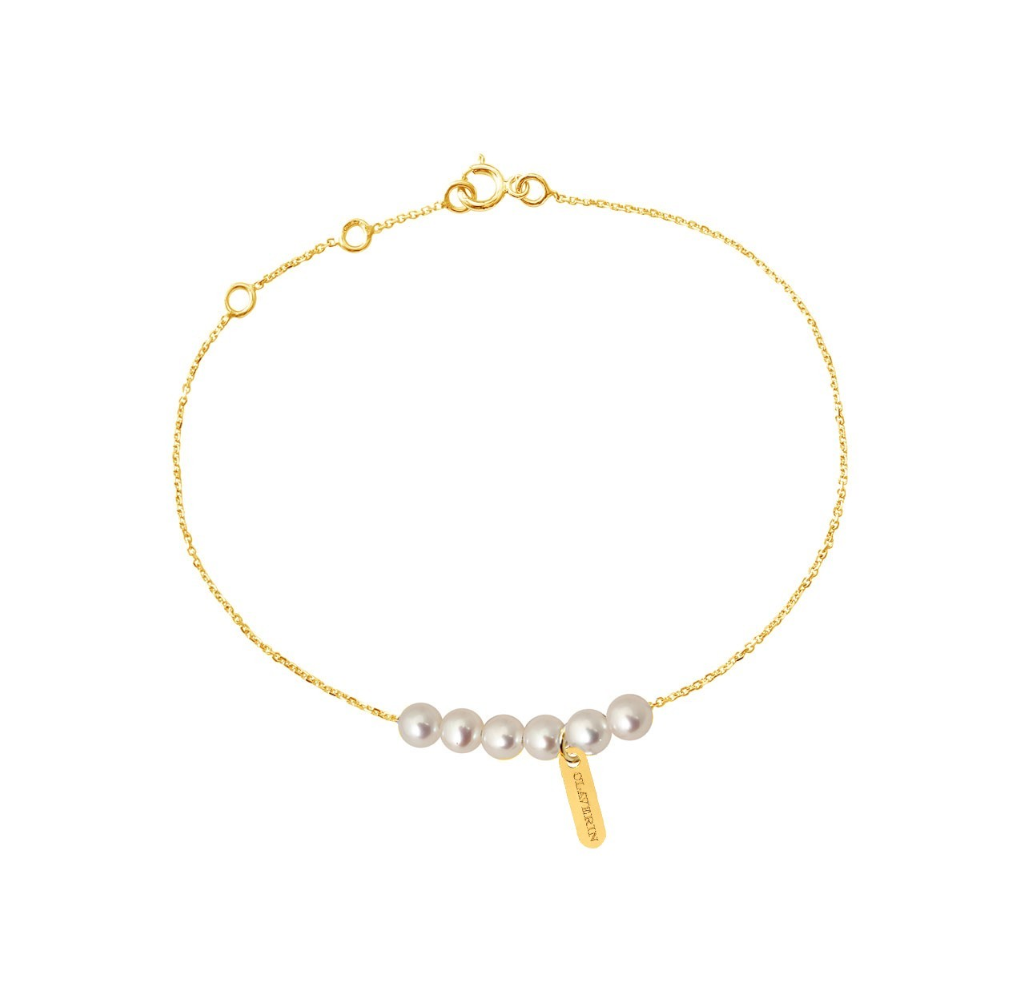Bracelet chapelet Claverin en or jaune 18 carats avec six perles de culture blanches sur une fine chaîne