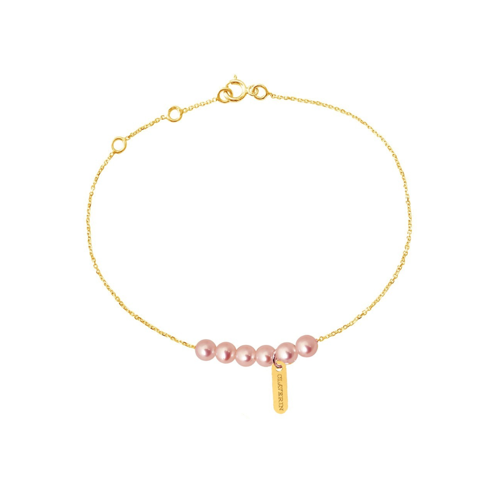 Bracelet chapelet Claverin en or jaune 18 carats avec six perles roses délicates sur une fine chaîne ajustable