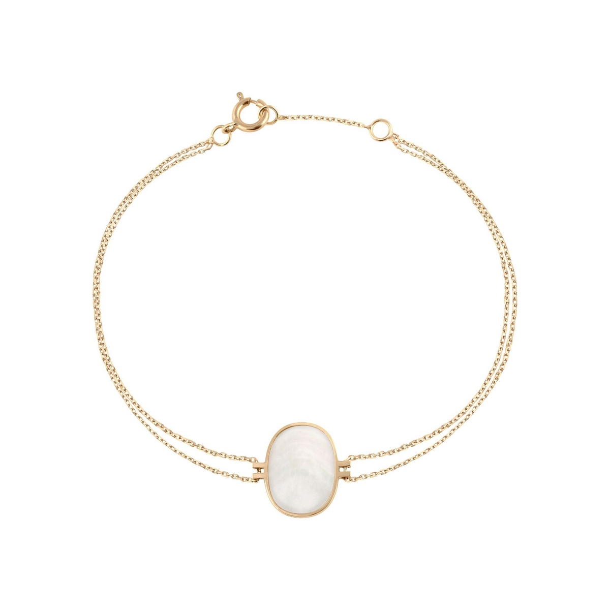 Bracelet Claverin Organic en or jaune 18 carats avec nacre blanche ovale sertie sur une double chaîne fine