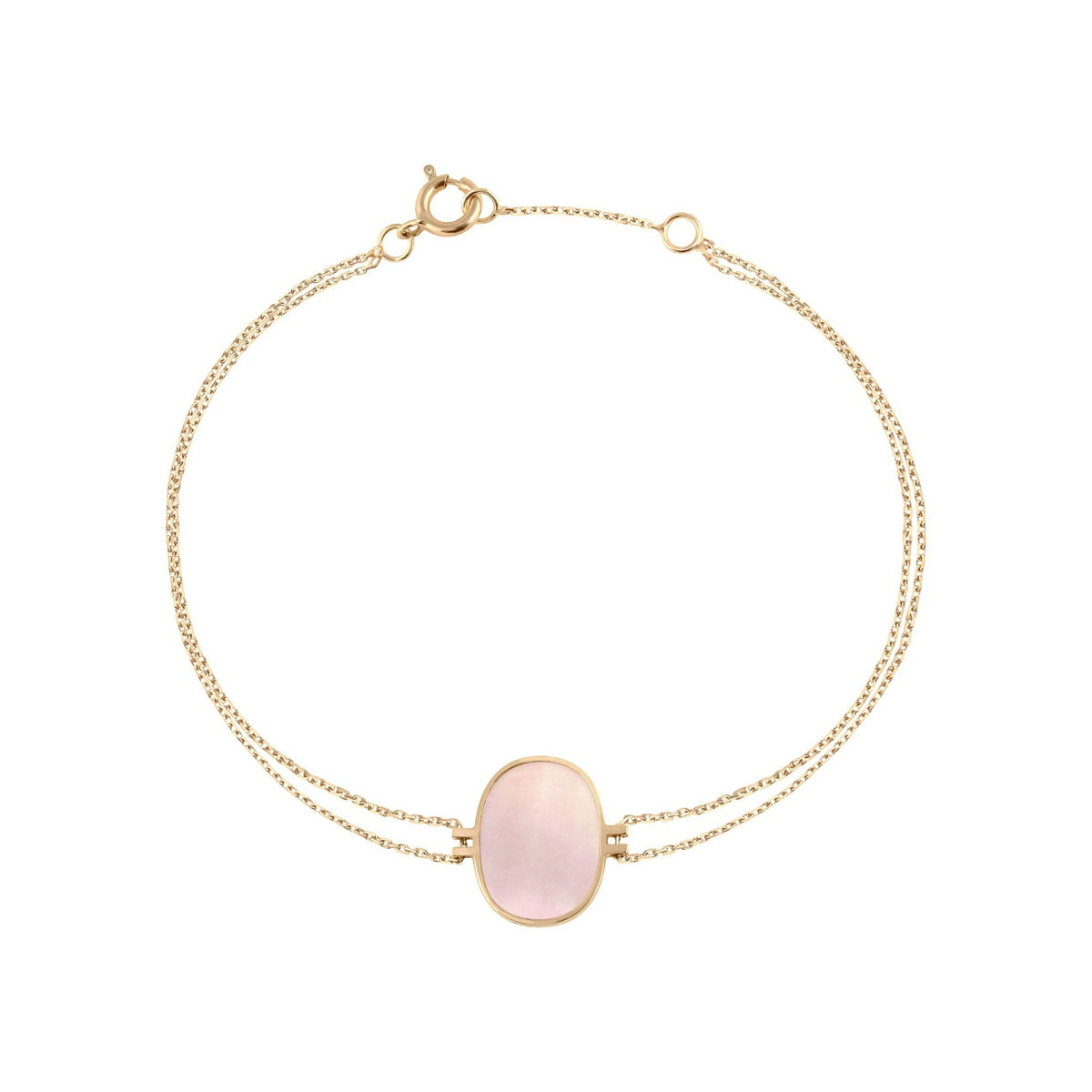 Bracelet Claverin en or jaune 18 carats avec nacre rose ovale sertie sur une double chaîne fine et élégante