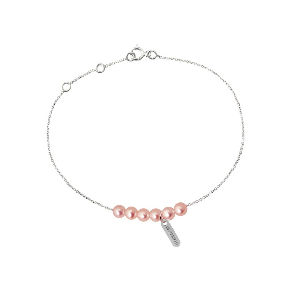 Bracelet Claverin en or blanc avec six perles roses délicates et une fine chaîne ajustable