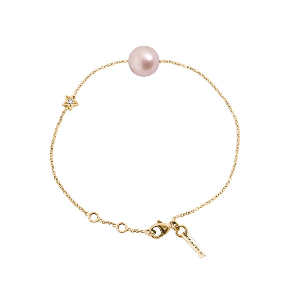 Bracelet Claverin en or jaune 18 carats avec perle blanche et motif étoile serti d'un diamant