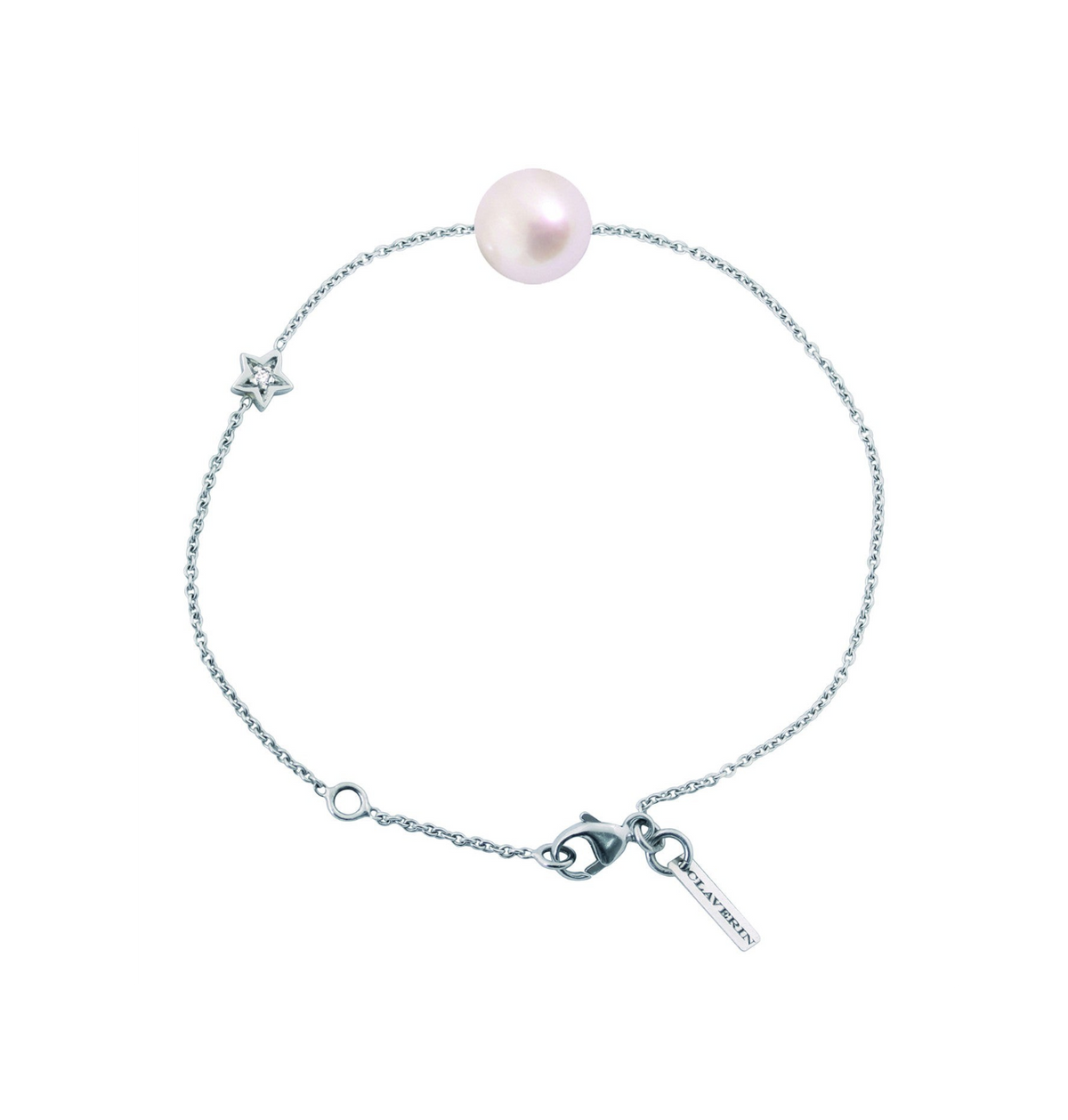 Bracelet Claverin en or blanc 18 carats avec perle blanche, motif étoile et diamant, collection Kiss