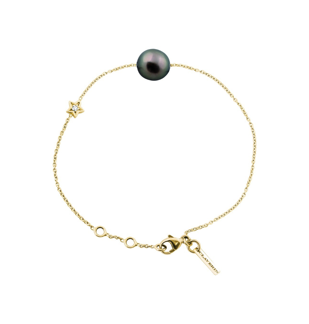 Bracelet Claverin en or jaune 18 carats avec perle noire de Tahiti et motif étoile serti d'un diamant